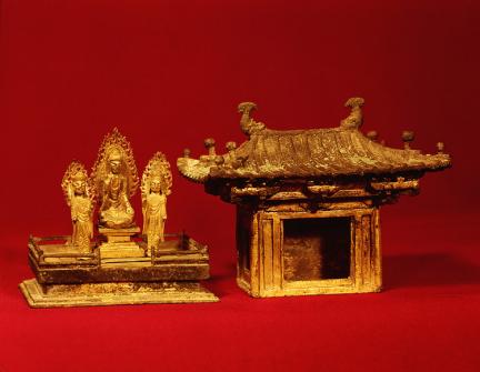 Gilt-Bronze Trinity Buddha Statues  and Gilt -Bronze Niche