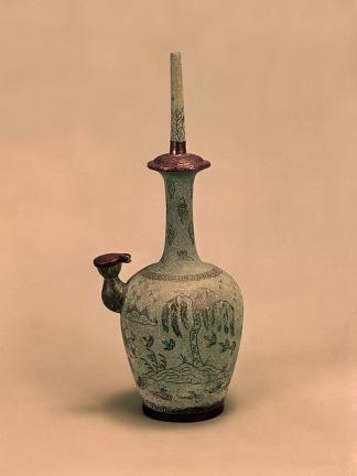 Celadon Kundika with Willow and Water Fowl Designs in Silver