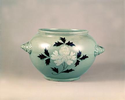 Celadon Jar with Inlaid Peony Designs