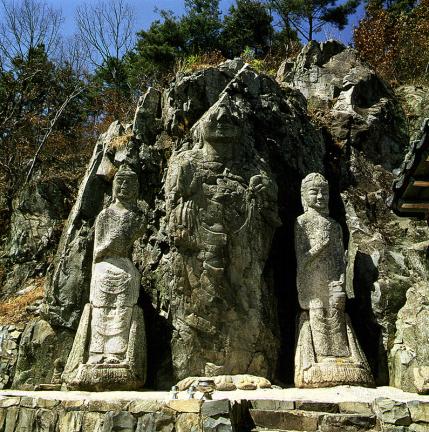 Trinity Buddhist Statues Carved on Rock Surface in Seoak-ri, Gyeongju