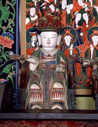 Wood carved sakra devanam indra statue of Cheonggoksa Temple in Jinju