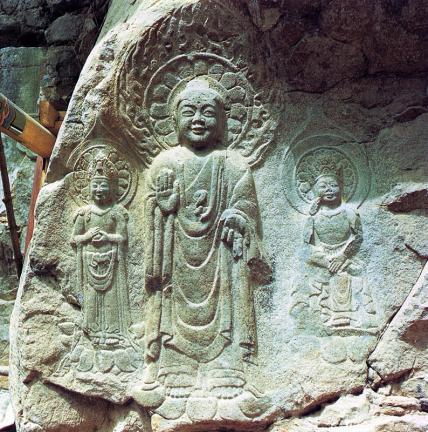 Trinity Buddha Statues Carved on Rock Surface in Seosan